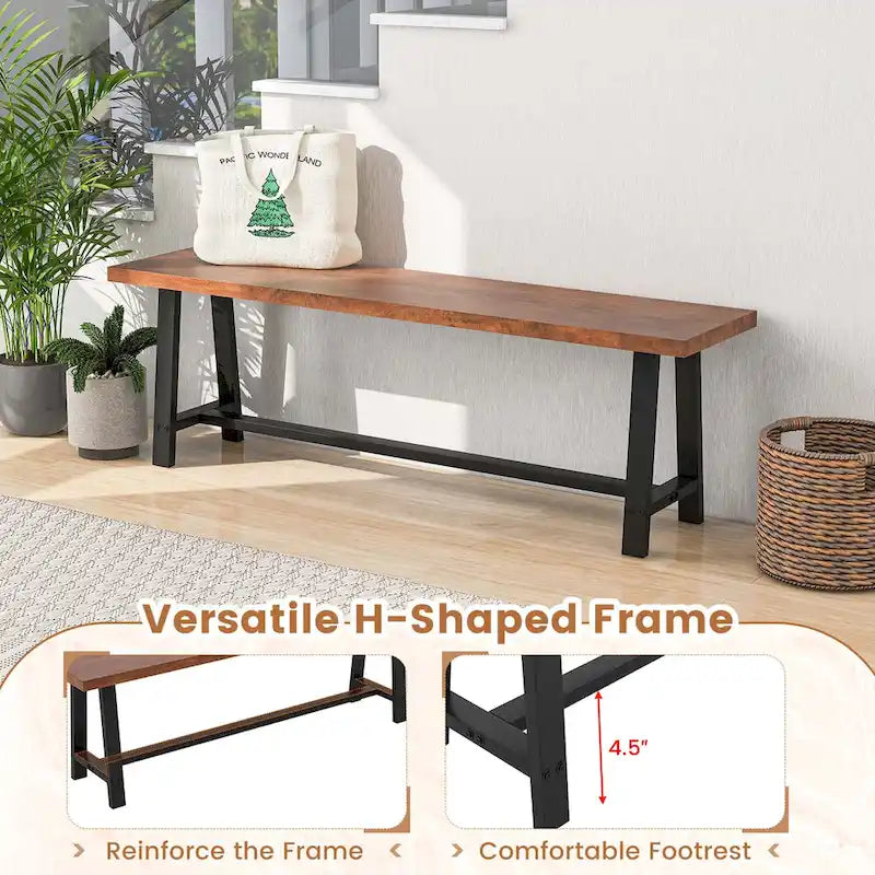 Walnut & Black Farmhouse Dining Bench with H-Frame Metal Legs for 3 Person, 60"