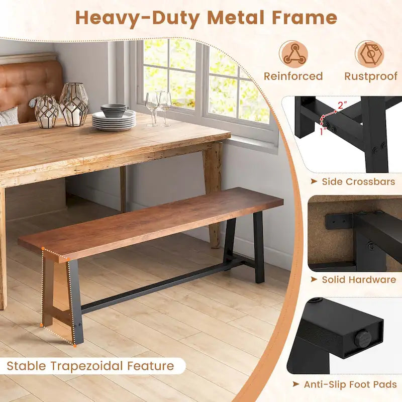 Walnut & Black Farmhouse Dining Bench with H-Frame Metal Legs for 3 Person, 60"