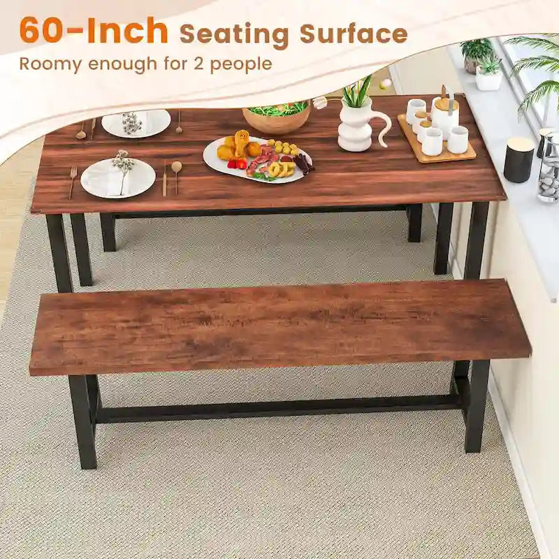 Walnut & Black Farmhouse Dining Bench with H-Frame Metal Legs for 3 Person, 60"
