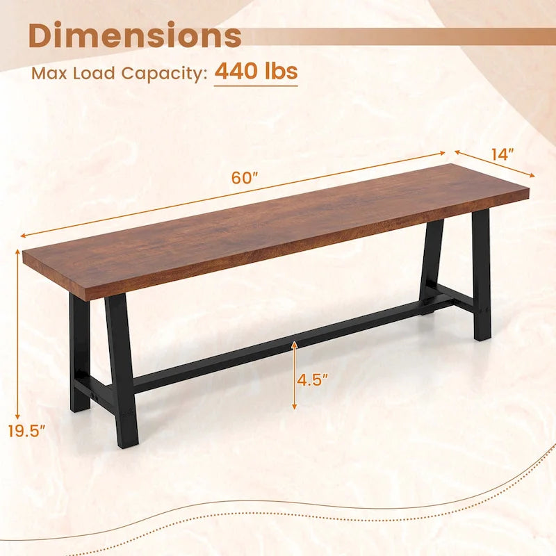 Walnut & Black Farmhouse Dining Bench with H-Frame Metal Legs for 3 Person, 60"