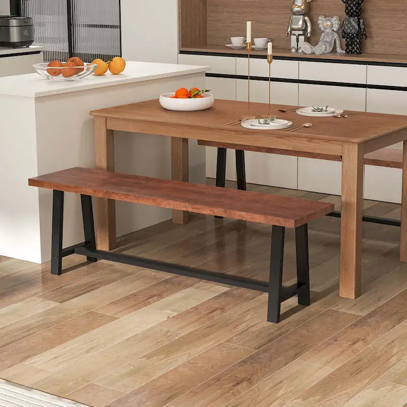Walnut & Black Farmhouse Dining Bench with H-Frame Metal Legs for 3 Person, 60"