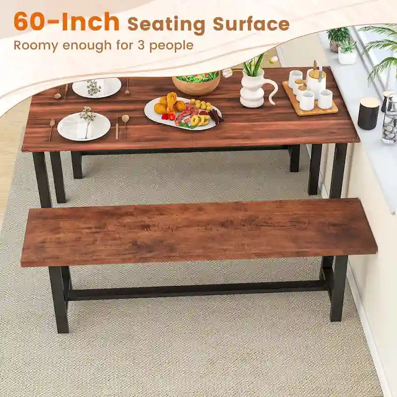 Walnut & Black Farmhouse Dining Bench with H-Frame Metal Legs for 3 Person, 60"