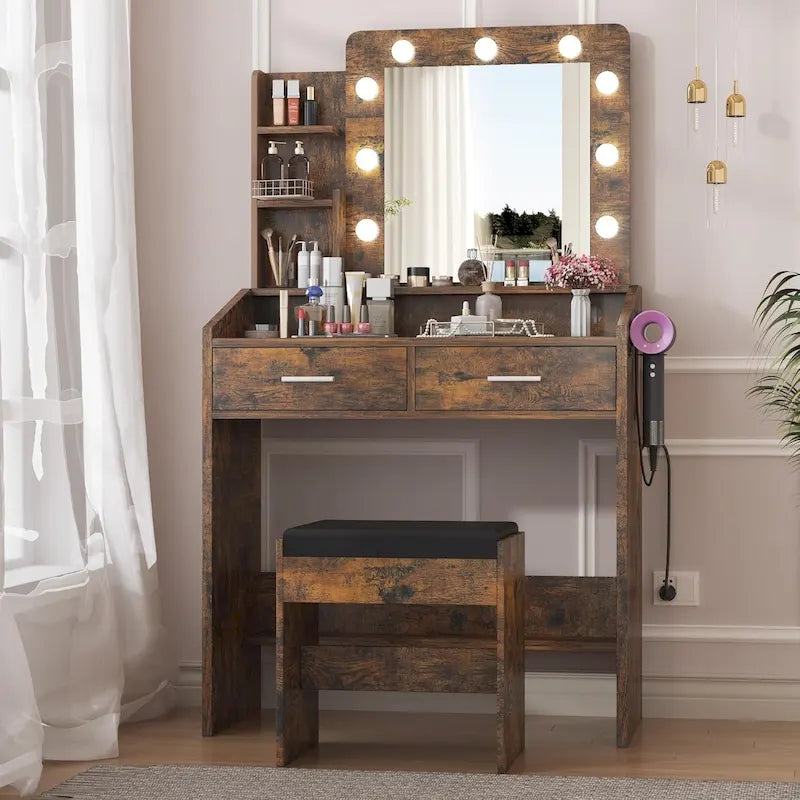 Black / Rustic Brown / White MDF Vanity Desk with 9-Bulb Lighted Mirror, 2 Drawers, Power Outlets and Cushioned Stool for 1 Person