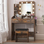 Black / Rustic Brown / White MDF Vanity Desk with 9-Bulb Lighted Mirror, 2 Drawers, Power Outlets and Cushioned Stool for 1 Person