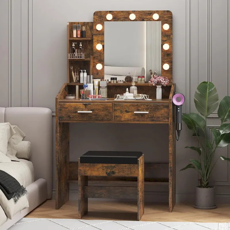 Black / Rustic Brown / White MDF Vanity Desk with 9-Bulb Lighted Mirror, 2 Drawers, Power Outlets and Cushioned Stool for 1 Person