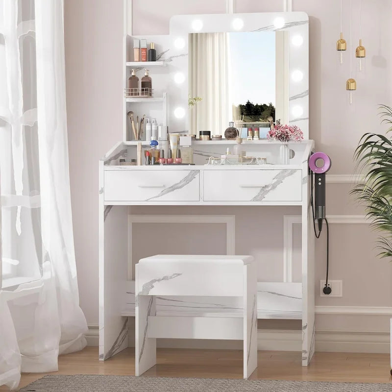 Black / Rustic Brown / White MDF Vanity Desk with 9-Bulb Lighted Mirror, 2 Drawers, Power Outlets and Cushioned Stool for 1 Person