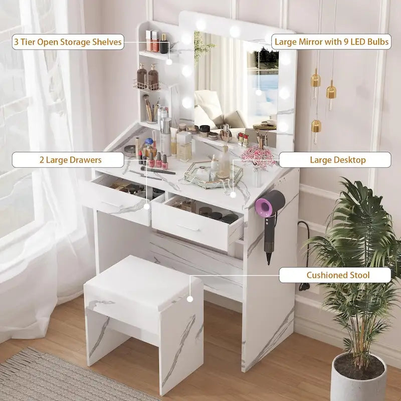 Black / Rustic Brown / White MDF Vanity Desk with 9-Bulb Lighted Mirror, 2 Drawers, Power Outlets and Cushioned Stool for 1 Person