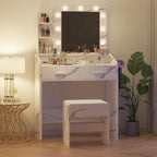 Black / Rustic Brown / White MDF Vanity Desk with 9-Bulb Lighted Mirror, 2 Drawers, Power Outlets and Cushioned Stool for 1 Person