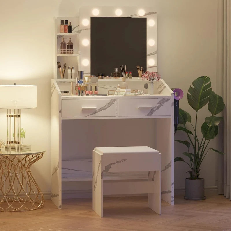 Black / Rustic Brown / White MDF Vanity Desk with 9-Bulb Lighted Mirror, 2 Drawers, Power Outlets and Cushioned Stool for 1 Person