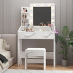 Black / Rustic Brown / White MDF Vanity Desk with 9-Bulb Lighted Mirror, 2 Drawers, Power Outlets and Cushioned Stool for 1 Person