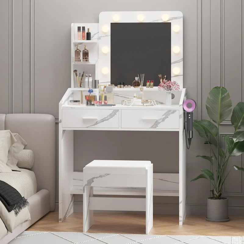 Black / Rustic Brown / White MDF Vanity Desk with 9-Bulb Lighted Mirror, 2 Drawers, Power Outlets and Cushioned Stool for 1 Person