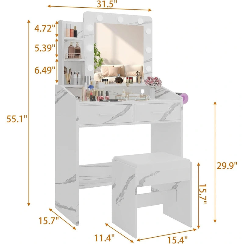 Black / Rustic Brown / White MDF Vanity Desk with 9-Bulb Lighted Mirror, 2 Drawers, Power Outlets and Cushioned Stool for 1 Person