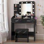 Black / Rustic Brown / White MDF Vanity Desk with 9-Bulb Lighted Mirror, 2 Drawers, Power Outlets and Cushioned Stool for 1 Person