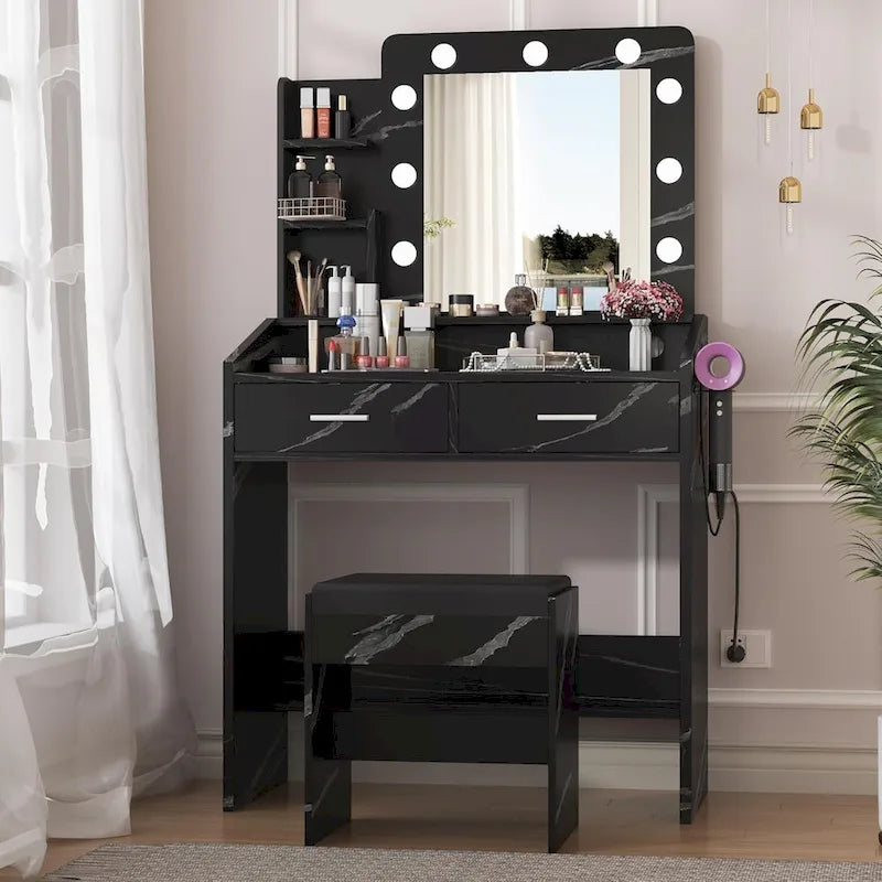Black / Rustic Brown / White MDF Vanity Desk with 9-Bulb Lighted Mirror, 2 Drawers, Power Outlets and Cushioned Stool for 1 Person