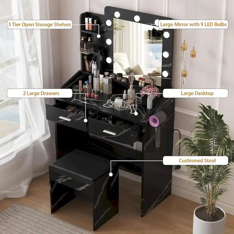 Black / Rustic Brown / White MDF Vanity Desk with 9-Bulb Lighted Mirror, 2 Drawers, Power Outlets and Cushioned Stool for 1 Person
