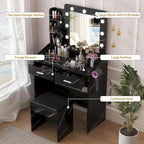 Black / Rustic Brown / White MDF Vanity Desk with 9-Bulb Lighted Mirror, 2 Drawers, Power Outlets and Cushioned Stool for 1 Person