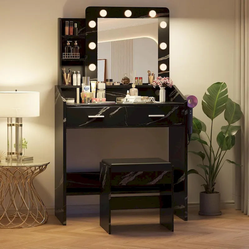 Black / Rustic Brown / White MDF Vanity Desk with 9-Bulb Lighted Mirror, 2 Drawers, Power Outlets and Cushioned Stool for 1 Person