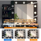 Black / Rustic Brown / White MDF Vanity Desk with 9-Bulb Lighted Mirror, 2 Drawers, Power Outlets and Cushioned Stool for 1 Person