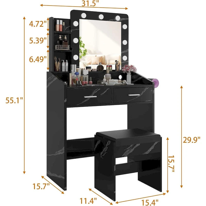 Black / Rustic Brown / White MDF Vanity Desk with 9-Bulb Lighted Mirror, 2 Drawers, Power Outlets and Cushioned Stool for 1 Person