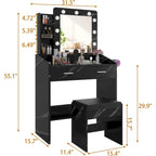 Black / Rustic Brown / White MDF Vanity Desk with 9-Bulb Lighted Mirror, 2 Drawers, Power Outlets and Cushioned Stool for 1 Person