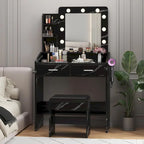 Black / Rustic Brown / White MDF Vanity Desk with 9-Bulb Lighted Mirror, 2 Drawers, Power Outlets and Cushioned Stool for 1 Person