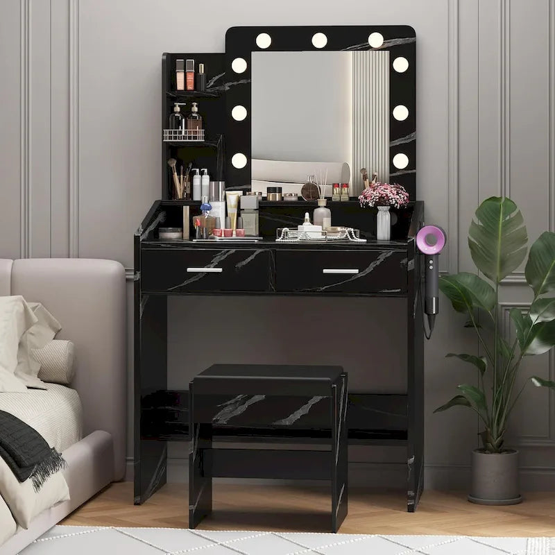 Black / Rustic Brown / White MDF Vanity Desk with 9-Bulb Lighted Mirror, 2 Drawers, Power Outlets and Cushioned Stool for 1 Person