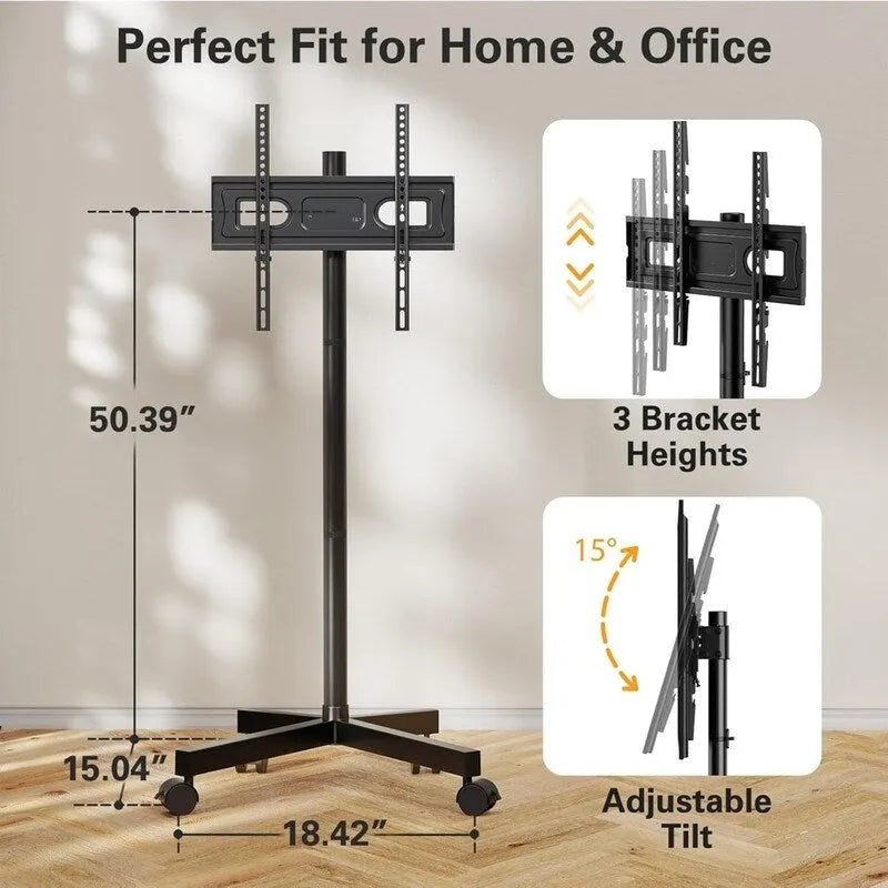 Black Steel Rolling TV Stand with Tilt and Height Adjustment for 23"-60" TVs