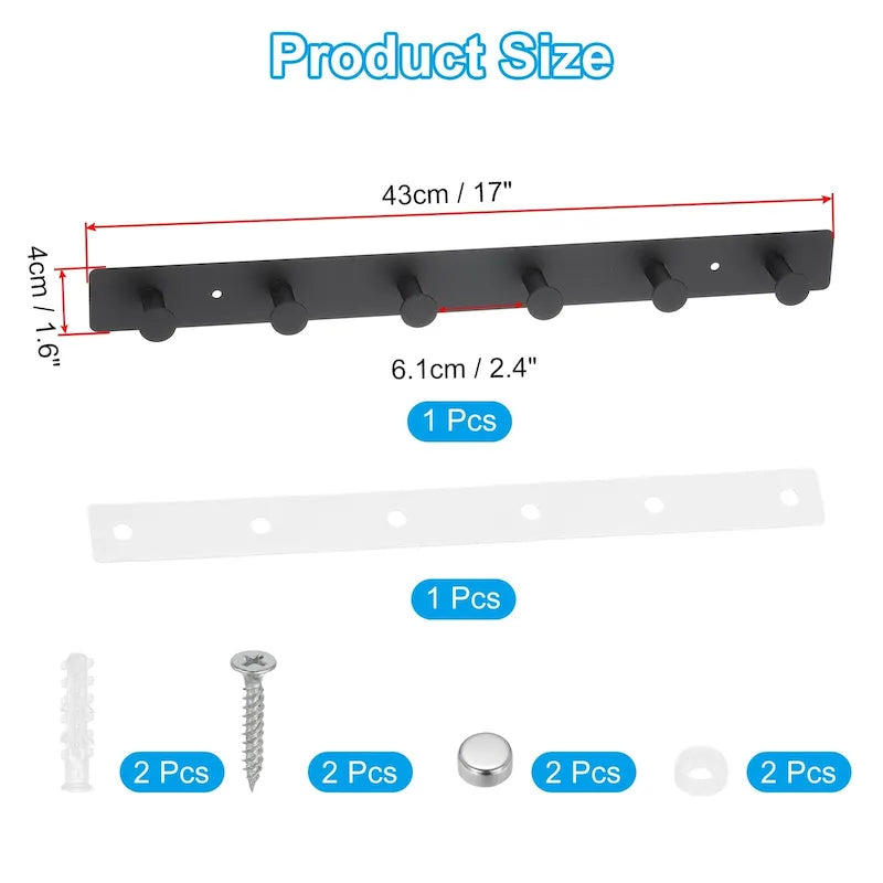 Silver / Black Stainless Steel Wall Mount Coat Hook Rail with 4 or 6 Hooks for 1+ Person