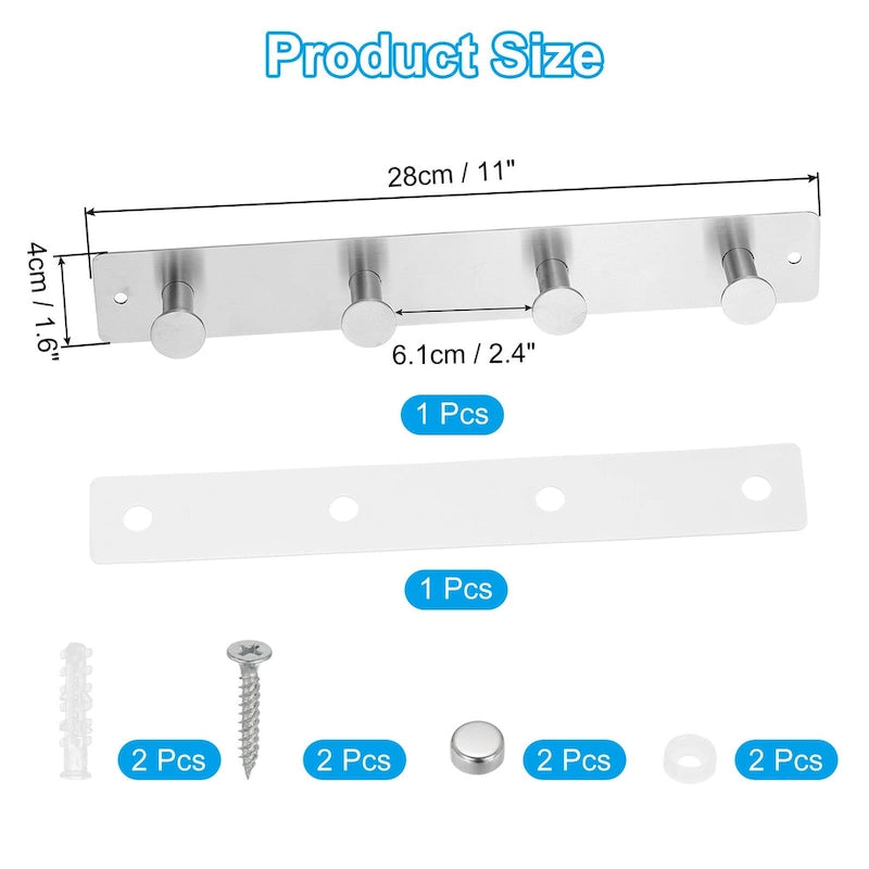 Silver / Black Stainless Steel Wall Mount Coat Hook Rail with 4 or 6 Hooks for 1+ Person