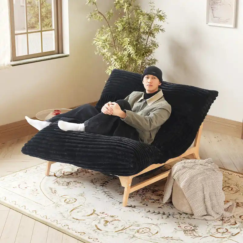 Weiß / Hellbraun / Schwarz 3-in-1 Cabrio-Sitzsackbett mit Massivholzrahmen für 1 Person