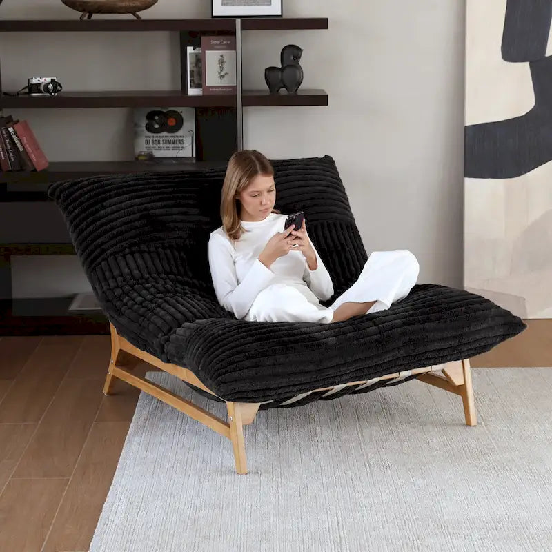 Weiß / Hellbraun / Schwarz 3-in-1 Cabrio-Sitzsackbett mit Massivholzrahmen für 1 Person
