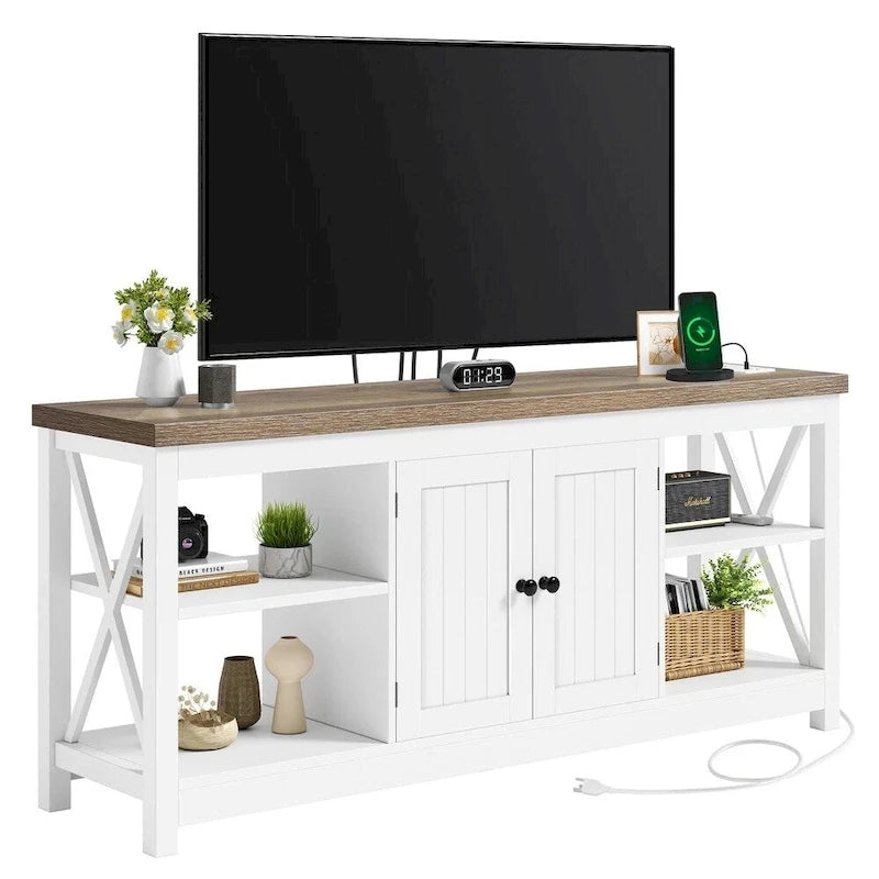 White Farmhouse MDF TV Stand with Power Outlets, USB Ports and 3-Tier Open Shelves for 1 Person, Fits TVs up to 65"