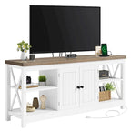 White Farmhouse MDF TV Stand with Power Outlets, USB Ports and 3-Tier Open Shelves for 1 Person, Fits TVs up to 65"
