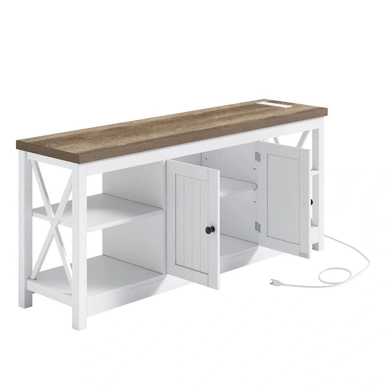 White Farmhouse MDF TV Stand with Power Outlets, USB Ports and 3-Tier Open Shelves for 1 Person, Fits TVs up to 65"
