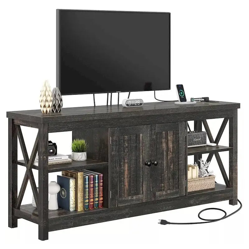 Grey Farmhouse MDF TV Stand with Power Outlets, USB Ports and 3-Tier Open Shelves for 1 Person, Fits TVs up to 65"