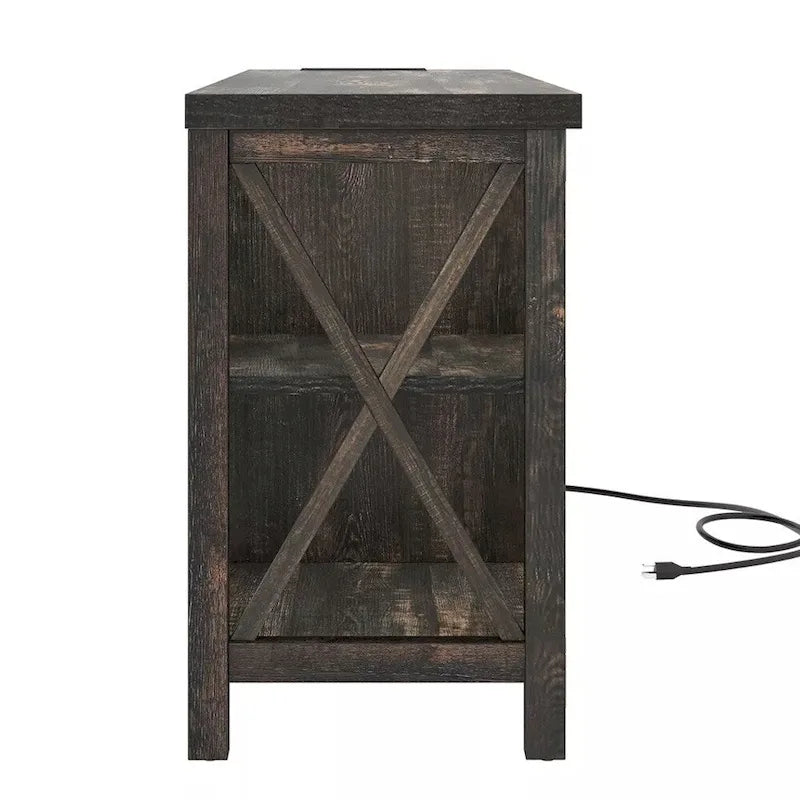 Grey Farmhouse MDF TV Stand with Power Outlets, USB Ports and 3-Tier Open Shelves for 1 Person, Fits TVs up to 65"