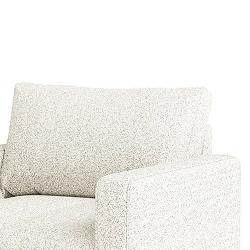 Off White Boucle Bench Seat Accent Chair with Track Arms and Brown Wood Legs for 1 Person