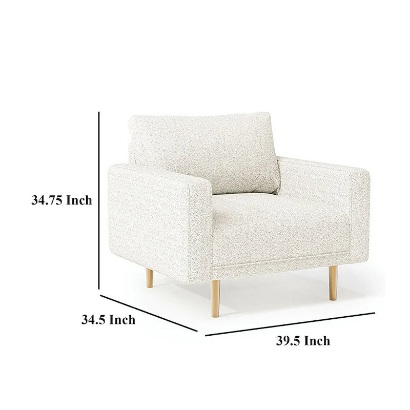 Off White Boucle Bench Seat Accent Chair with Track Arms and Brown Wood Legs for 1 Person