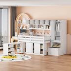 Gray / White Full Size Loft Bed with Shelves and Swing-Out Drawers for 1–2 Person