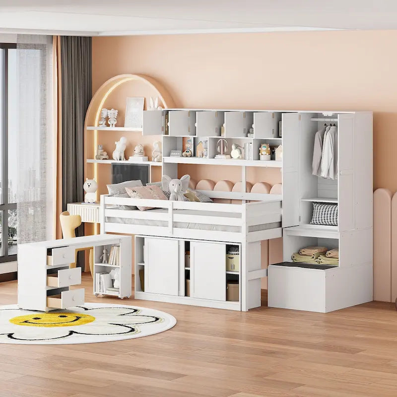Gray / White Full Size Loft Bed with Shelves and Swing-Out Drawers for 1–2 Person