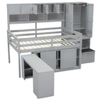 Gray / White Full Size Loft Bed with Shelves and Swing-Out Drawers for 1–2 Person