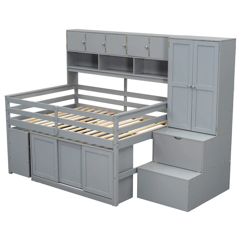 Gray / White Full Size Loft Bed with Shelves and Swing-Out Drawers for 1–2 Person