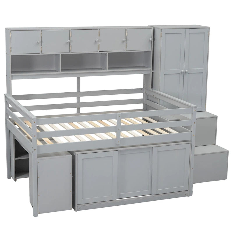 Gray / White Full Size Loft Bed with Shelves and Swing-Out Drawers for 1–2 Person