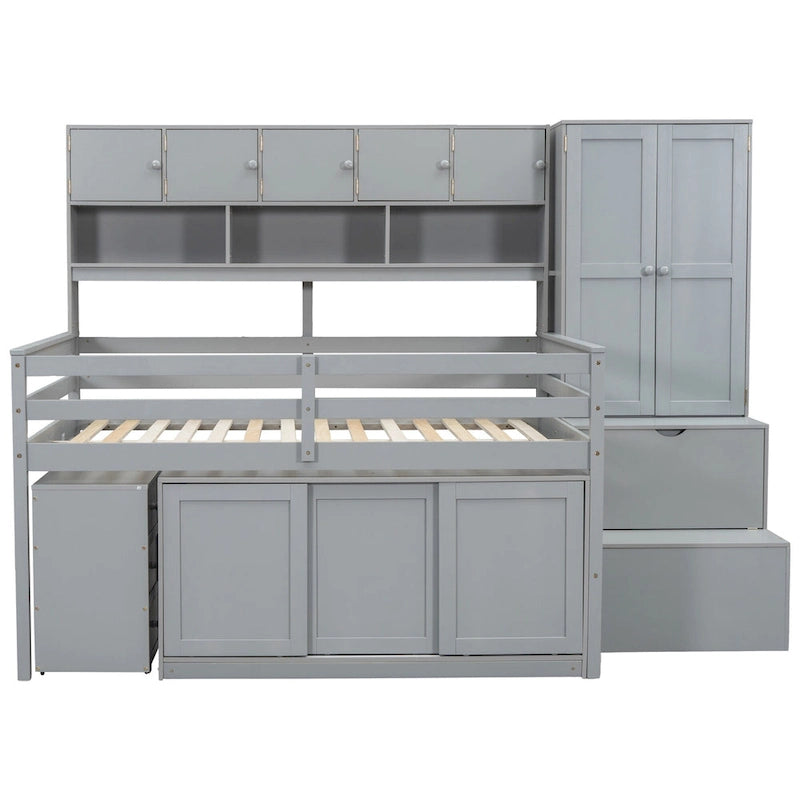 Gray / White Full Size Loft Bed with Shelves and Swing-Out Drawers for 1–2 Person