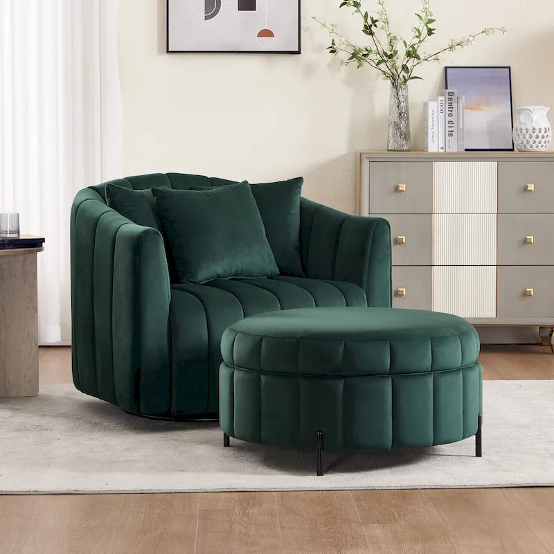 Beige / Green / Black / Navy Velvet 360° Swivel Barrel Accent Chair with Storage Ottoman for 1 Person