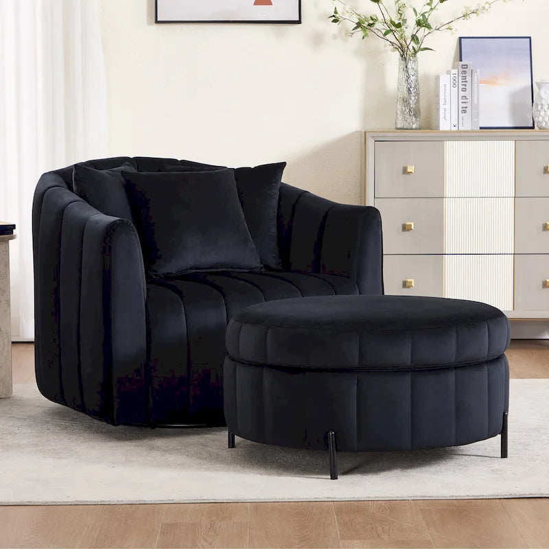 Beige / Green / Black / Navy Velvet 360° Swivel Barrel Accent Chair with Storage Ottoman for 1 Person