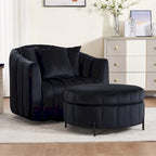 Beige / Green / Black / Navy Velvet 360° Swivel Barrel Accent Chair with Storage Ottoman for 1 Person