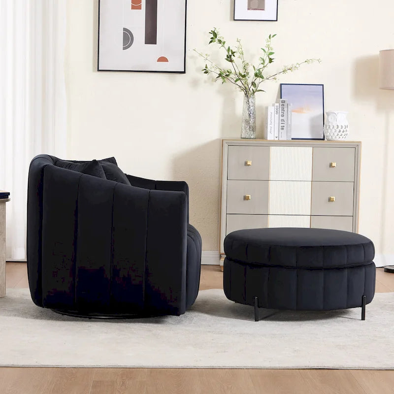 Beige / Green / Black / Navy Velvet 360° Swivel Barrel Accent Chair with Storage Ottoman for 1 Person