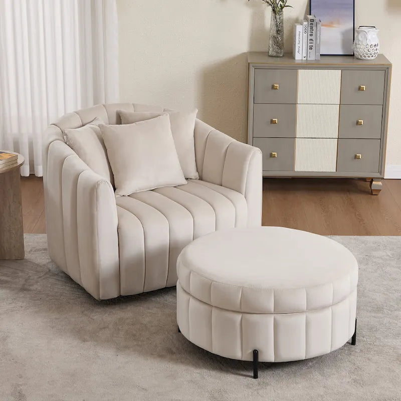 Beige / Green / Black / Navy Velvet 360° Swivel Barrel Accent Chair with Storage Ottoman for 1 Person