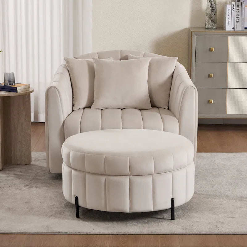 Beige / Green / Black / Navy Velvet 360° Swivel Barrel Accent Chair with Storage Ottoman for 1 Person